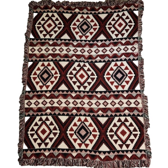 Vtg Blanket Throw Southwestern Geometrical Aztec Western Red 66 x 47 in Black - Picture 1 of 8